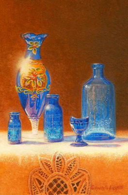 miniature painting of a still life with blue glass by Rachelle Siegrist